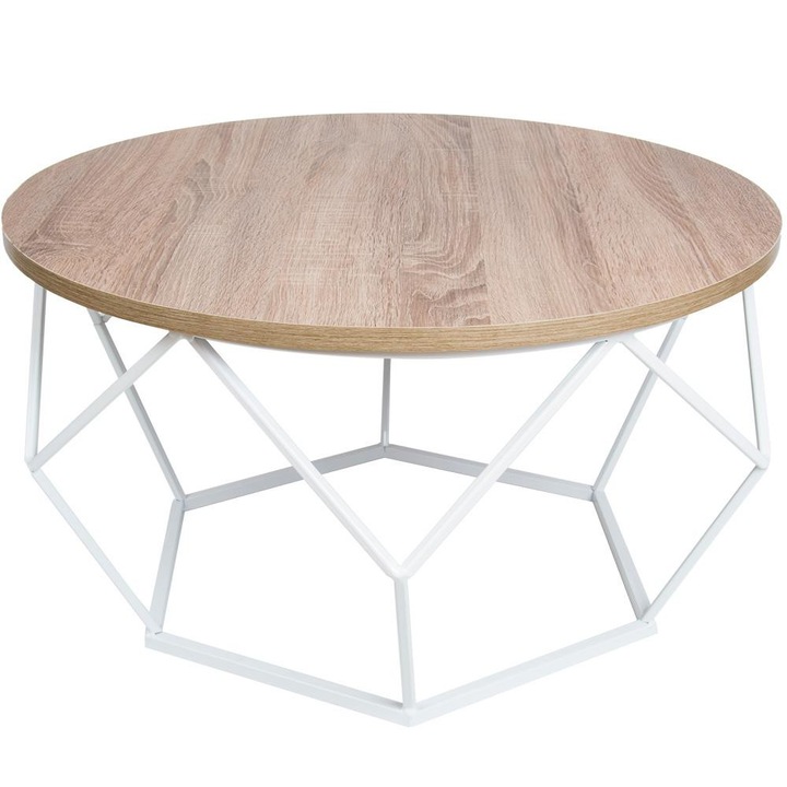 Маса за кафе, Howhomely, Diamond 70, лека метална конструкция, масивен MDF, стил Loft, 70x70x40 см, бяло/дъб