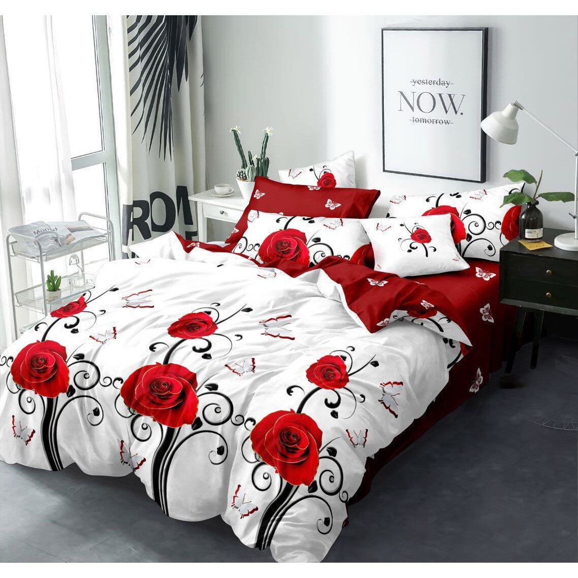 Set pentru pat din finet gros, 6 piese, JOJO HOME, cu Imprimeu Fluturi si Flori