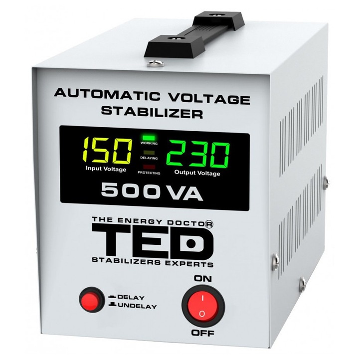 Stabilizator retea automat 500VA 300W cu Ecran LCD si Sinusoidala Pura cu 2 Iesiri Schuko, TED Electric