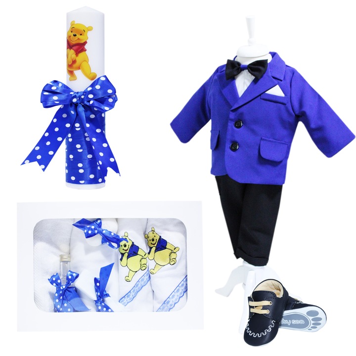 Set complet pentru botez, lumanare cu "Winnie The Pooh", costum albastru-electric, trusou brodat cu "Winnie The Pooh" si pantofiori, 14 piese, REC898, 4-8 luni