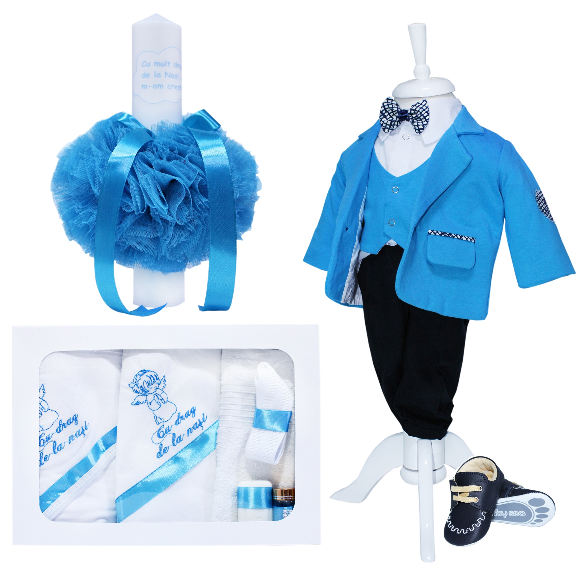 Set complet pentru botez, lumanare cu tulle turcoaz si mesajul 