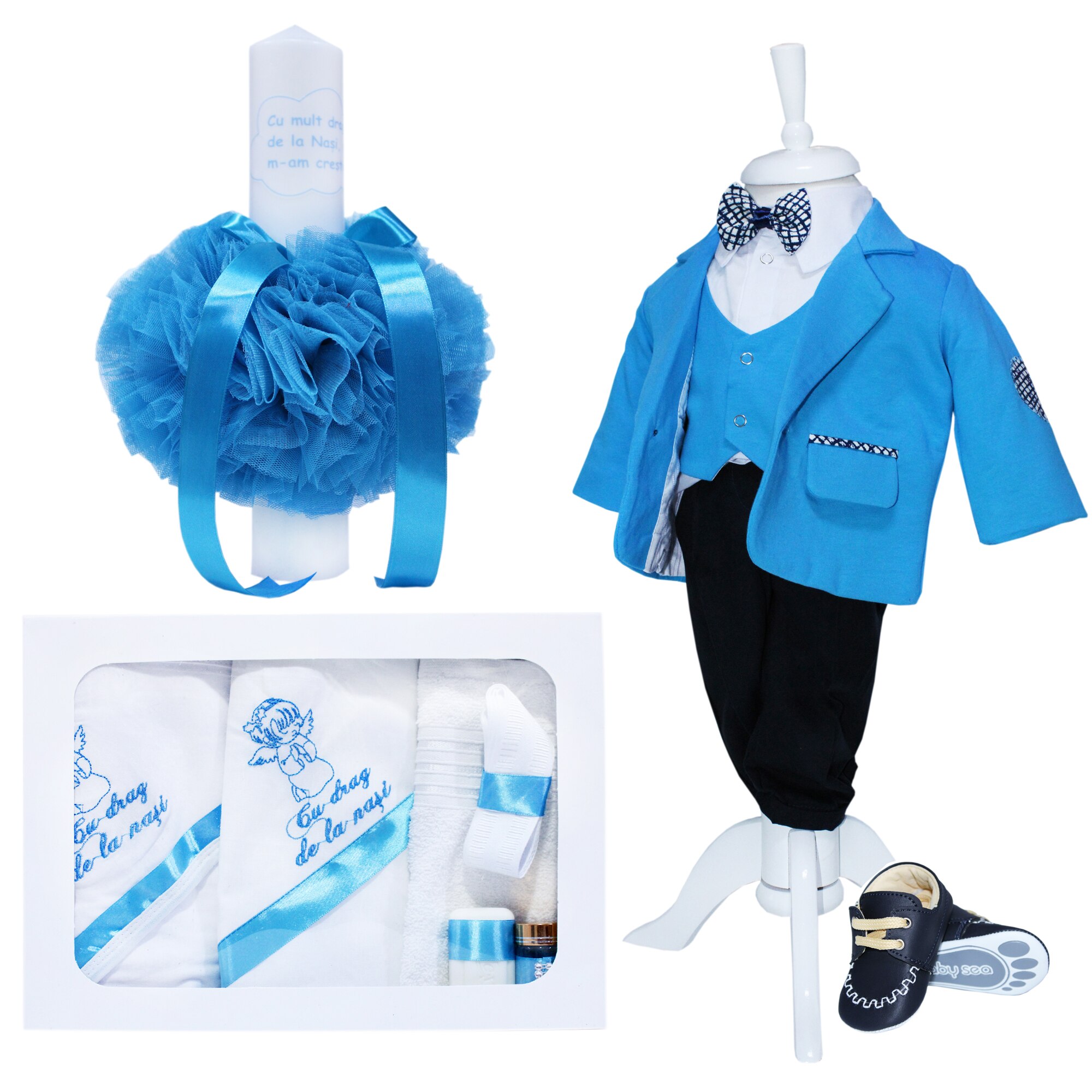Set complet pentru botez, lumanare cu tulle turcoaz si mesajul 