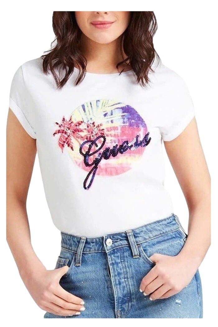 Tricou dama Guess Flower, Alb, 2XS