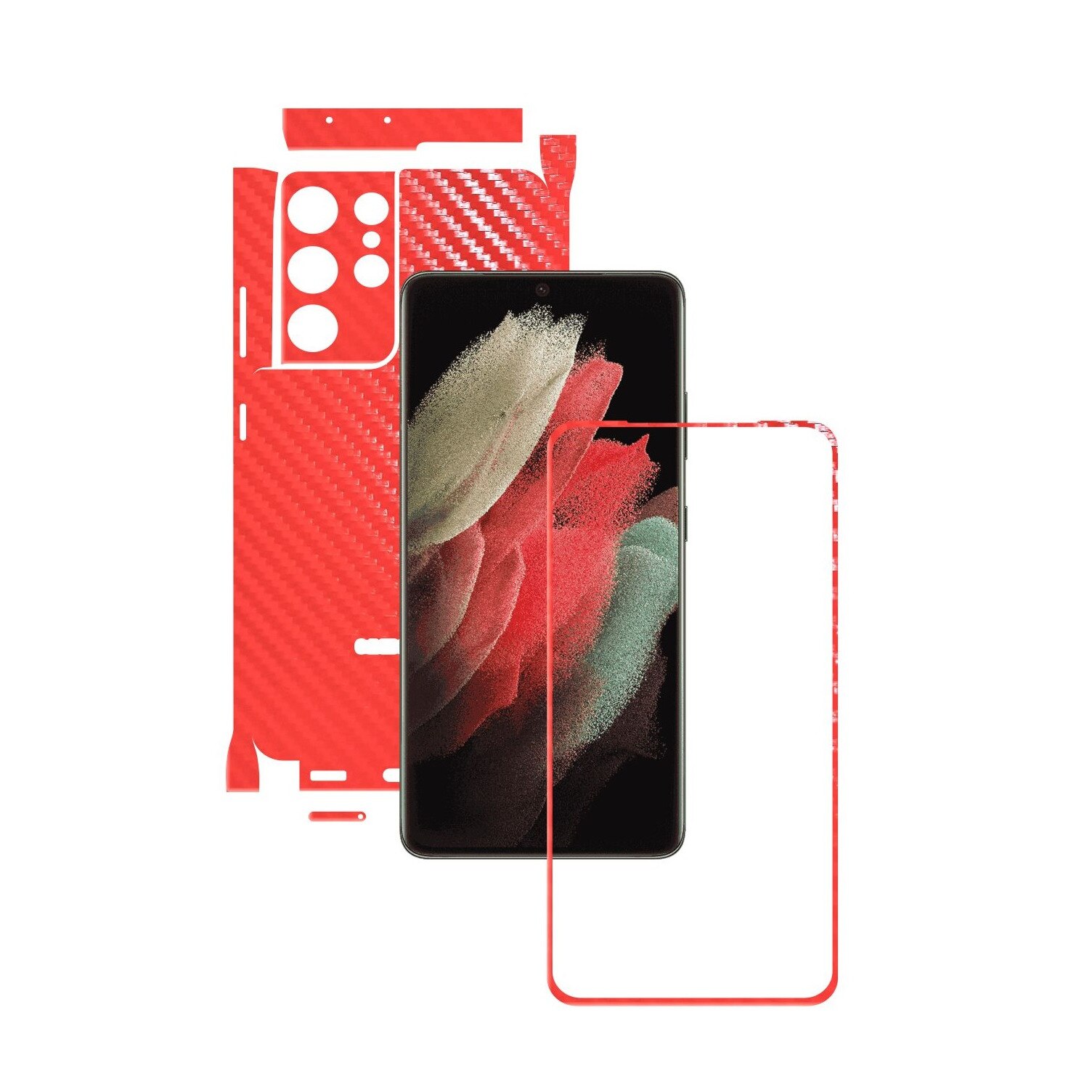 Folie Protectie Carbon Skinz pentru Samsung Galaxy S21 Ultra - Carbon Rosu 360 Cut, Skin Adeziv Full Body Cover pentru Rama Ecran, Carcasa Spate si Laterale