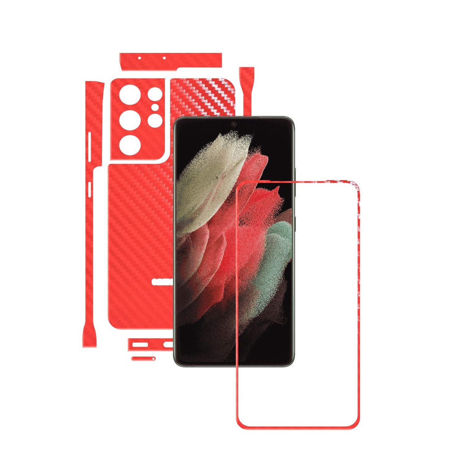 Folie Protectie Carbon Skinz pentru Samsung Galaxy S21 Ultra - Carbon Rosu Split Cut, Skin Adeziv Full Body Cover pentru Rama Ecran, Carcasa Spate si Laterale