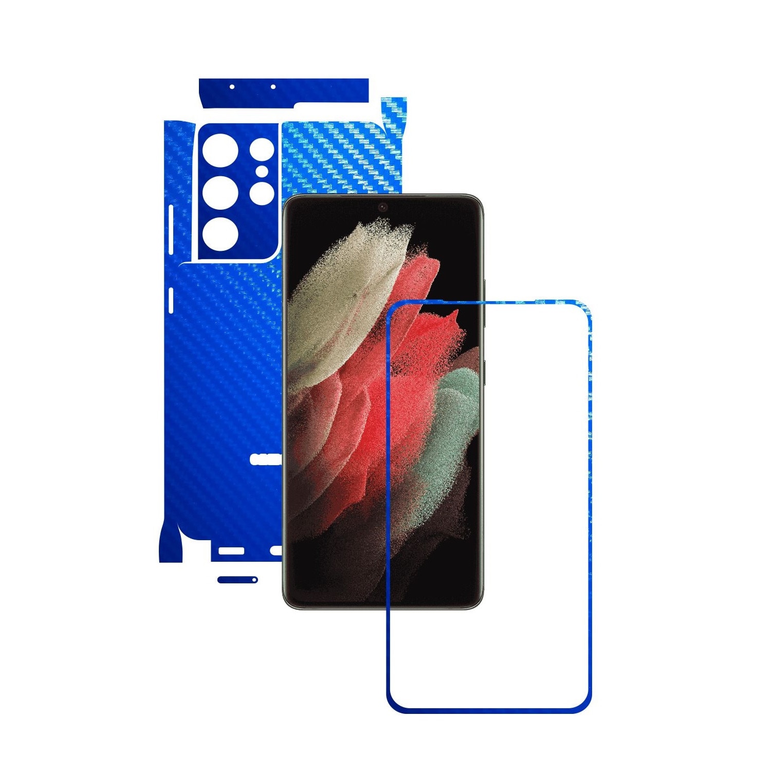 Folie Protectie Carbon Skinz pentru Samsung Galaxy S21 Ultra - Carbon Albastru 360 Cut, Skin Adeziv Full Body Cover pentru Rama Ecran, Carcasa Spate si Laterale