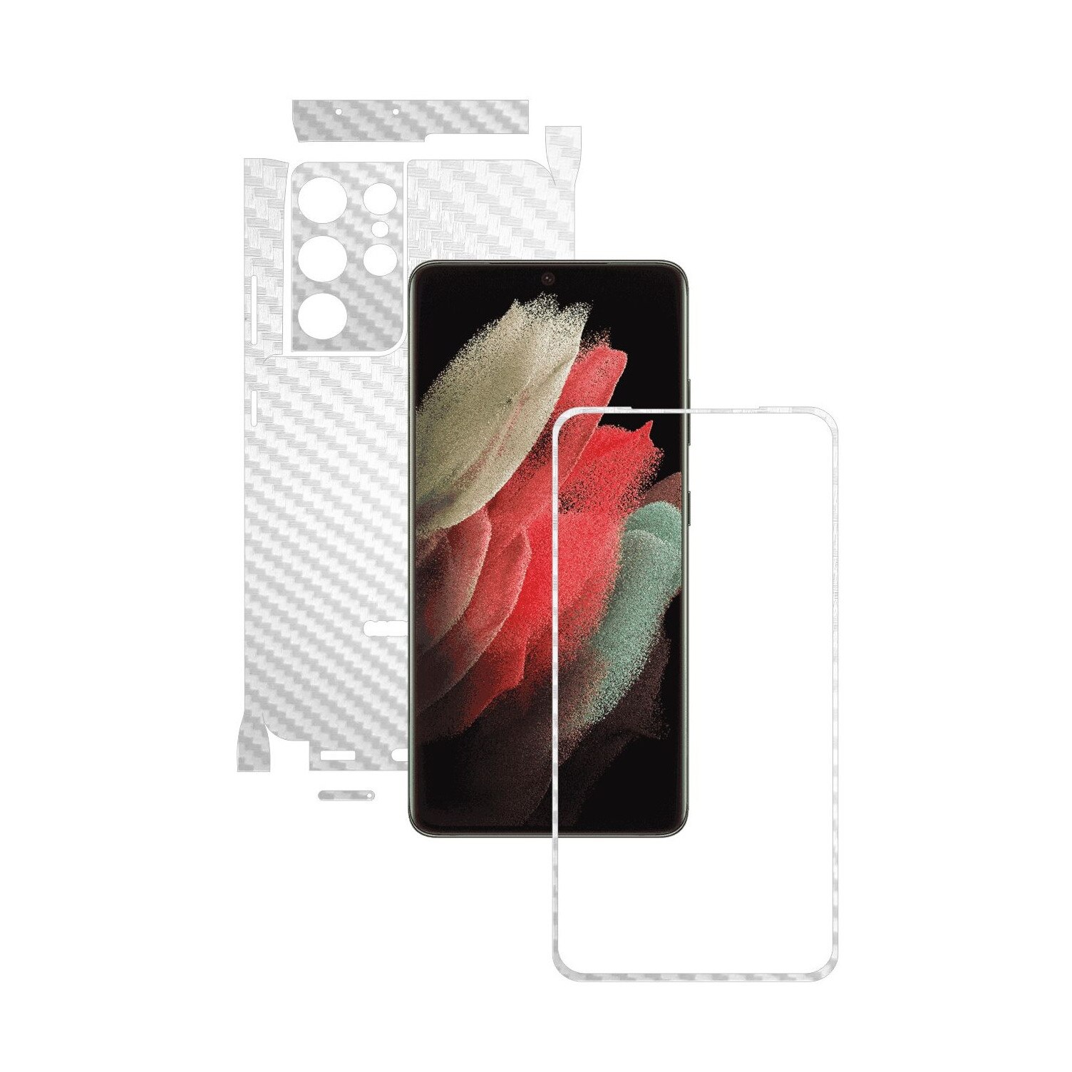 Folie Protectie Carbon Skinz pentru Samsung Galaxy S21 Ultra - Carbon Alb 360 Cut, Skin Adeziv Full Body Cover pentru Rama Ecran, Carcasa Spate si Laterale
