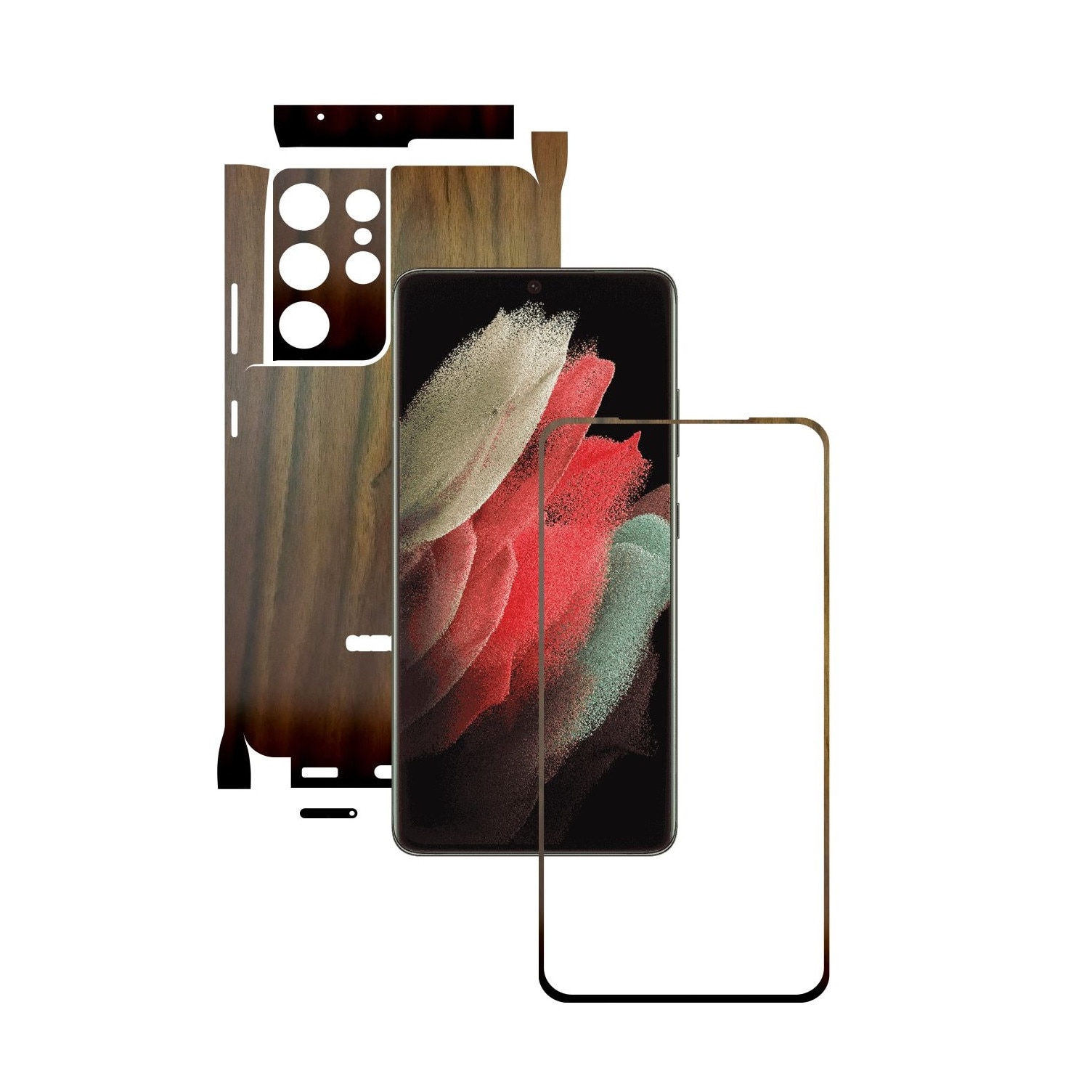Folie Protectie Carbon Skinz pentru Samsung Galaxy S21 Ultra - Lemn Nuc 360 Cut, Skin Adeziv Full Body Cover pentru Rama Ecran, Carcasa Spate si Laterale