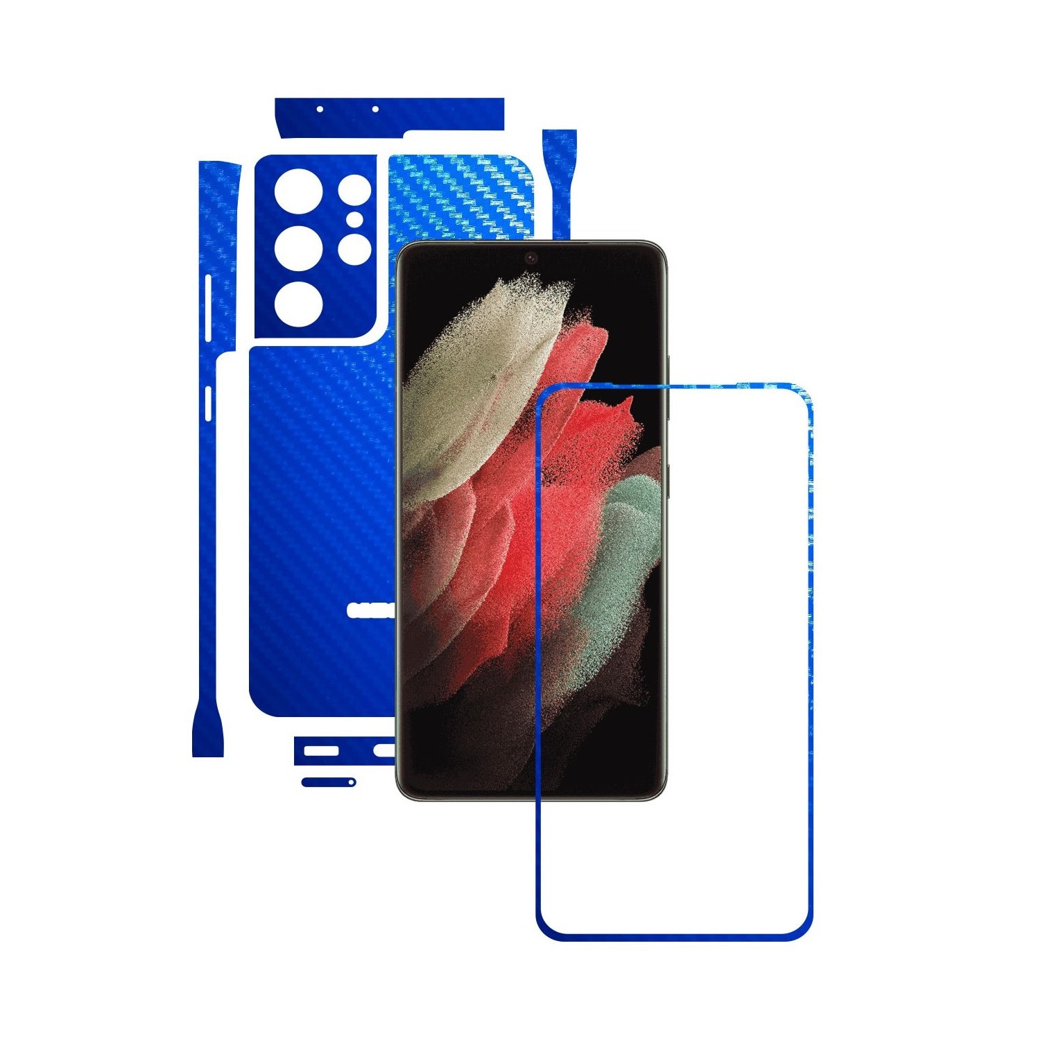 Folie Protectie Carbon Skinz pentru Samsung Galaxy S21 Ultra - Carbon Albastru Split Cut, Skin Adeziv Full Body Cover pentru Rama Ecran, Carcasa Spate si Laterale