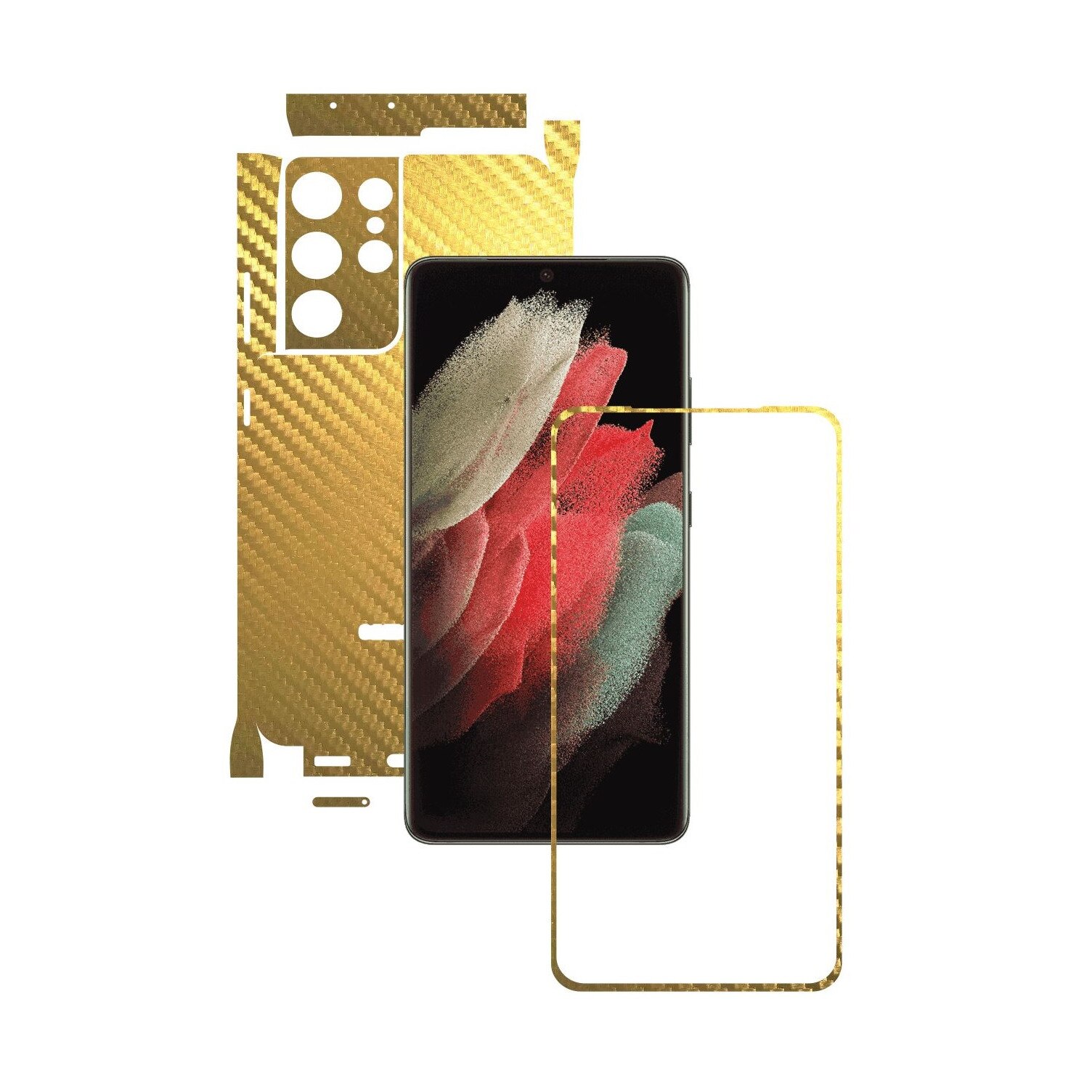 Folie Protectie Carbon Skinz pentru Samsung Galaxy S21 Ultra - Carbon Auriu 360 Cut, Skin Adeziv Full Body Cover pentru Rama Ecran, Carcasa Spate si Laterale