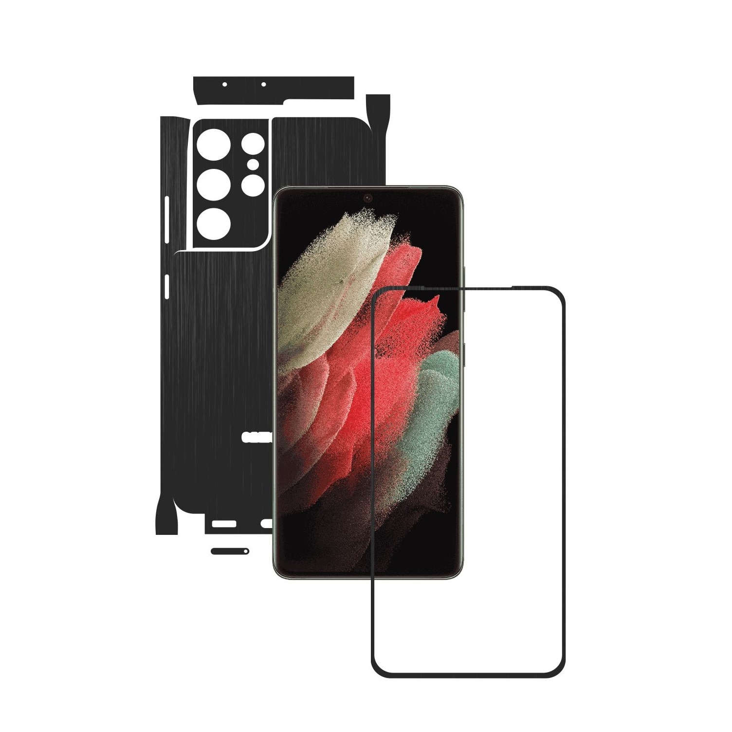 Folie Protectie Carbon Skinz pentru Samsung Galaxy S21 Ultra - Brushed Negru 360 Cut, Skin Adeziv Full Body Cover pentru Rama Ecran, Carcasa Spate si Laterale