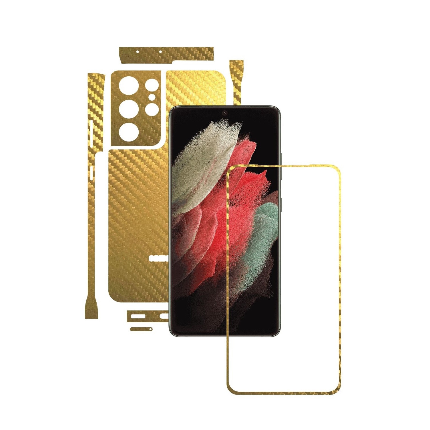 Folie Protectie Carbon Skinz pentru Samsung Galaxy S21 Ultra - Carbon Auriu Split Cut, Skin Adeziv Full Body Cover pentru Rama Ecran, Carcasa Spate si Laterale
