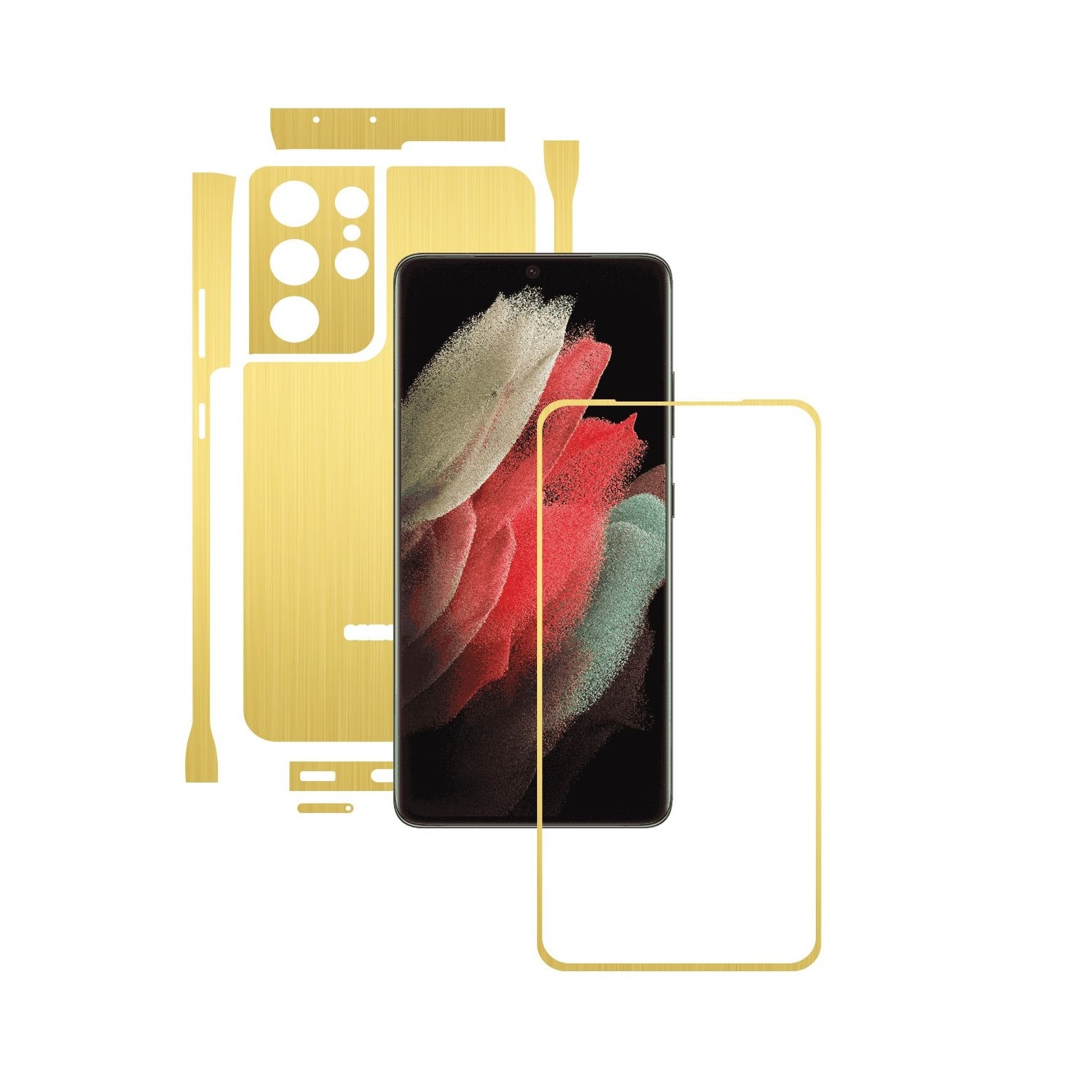 Folie Protectie Carbon Skinz pentru Samsung Galaxy S21 Ultra - Brushed Auriu Split Cut, Skin Adeziv Full Body Cover pentru Rama Ecran, Carcasa Spate si Laterale