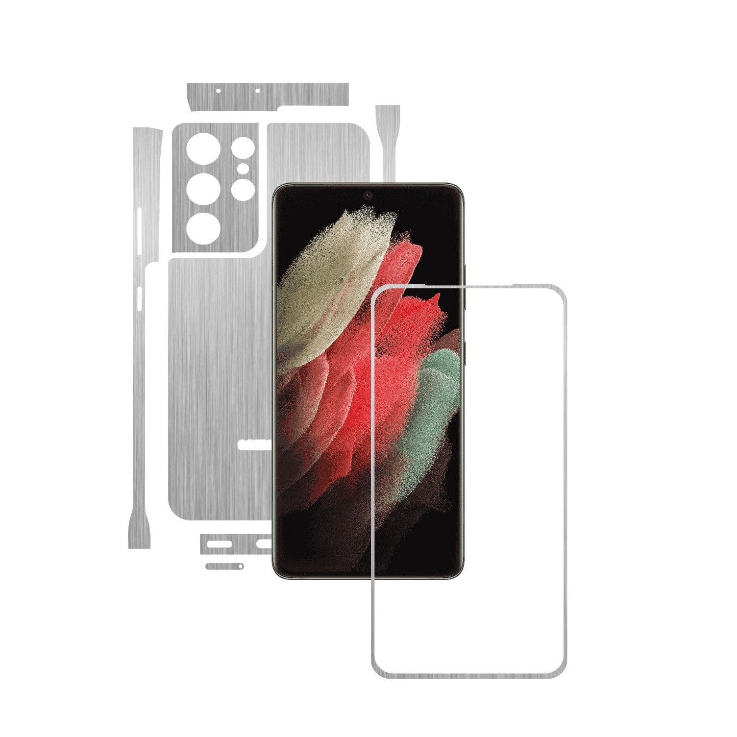 Folie Protectie Carbon Skinz pentru Samsung Galaxy S21 Ultra - Brushed Argintiu Split Cut, Skin Adeziv Full Body Cover pentru Rama Ecran, Carcasa Spate si Laterale