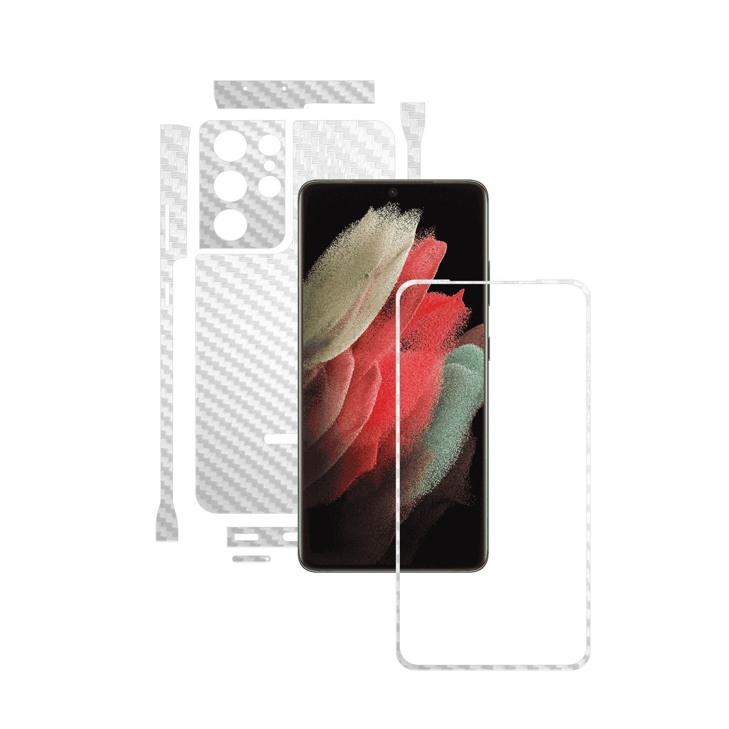 Folie Protectie Carbon Skinz pentru Samsung Galaxy S21 Ultra - Carbon Alb Split Cut, Skin Adeziv Full Body Cover pentru Rama Ecran, Carcasa Spate si Laterale