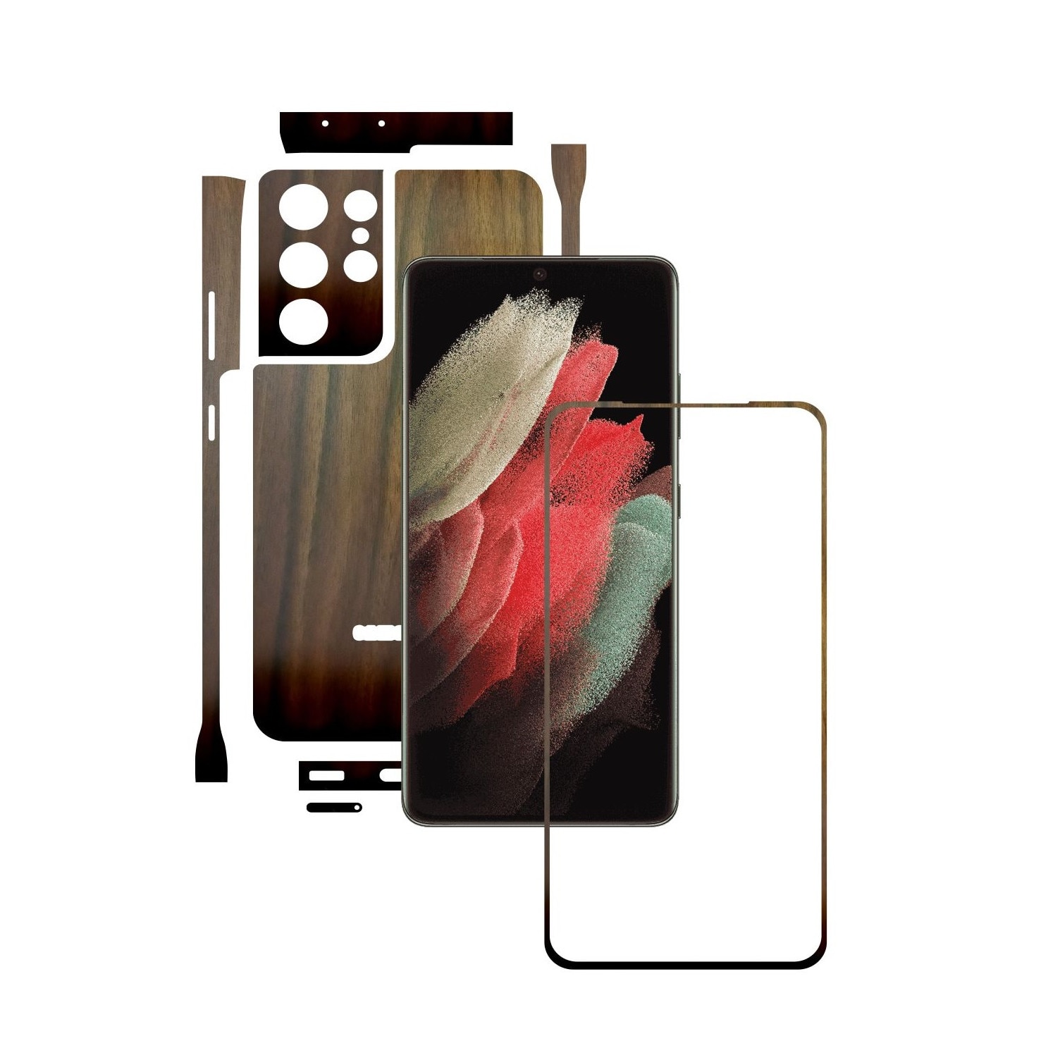 Folie Protectie Carbon Skinz pentru Samsung Galaxy S21 Ultra - Lemn Nuc Split Cut, Skin Adeziv Full Body Cover pentru Rama Ecran, Carcasa Spate si Laterale