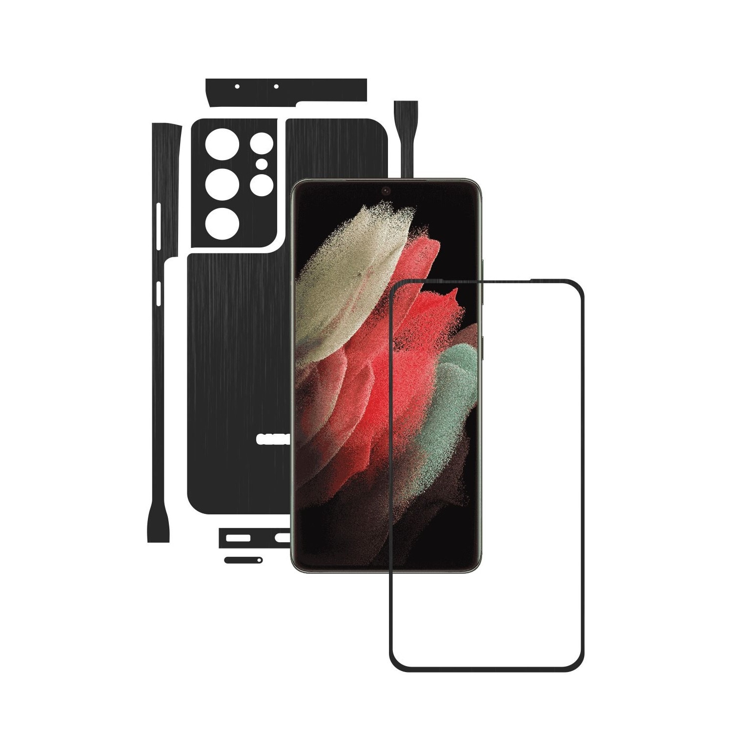 Folie Protectie Carbon Skinz pentru Samsung Galaxy S21 Ultra - Brushed Negru Split Cut, Skin Adeziv Full Body Cover pentru Rama Ecran, Carcasa Spate si Laterale