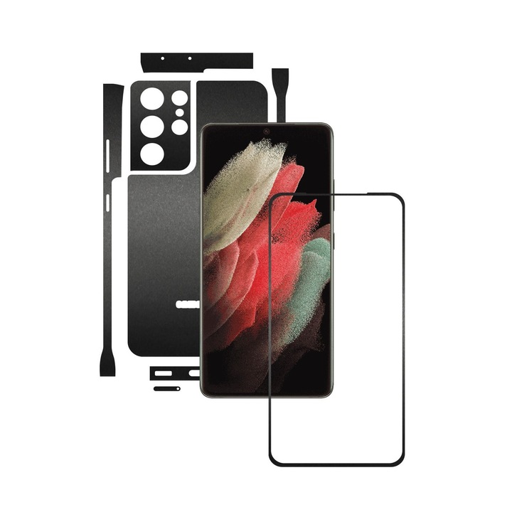 Folie Protectie Carbon Skinz pentru Samsung Galaxy S21 Ultra - Negru Mat Split Cut, Skin Adeziv Full Body Cover pentru Rama Ecran, Carcasa Spate si Laterale