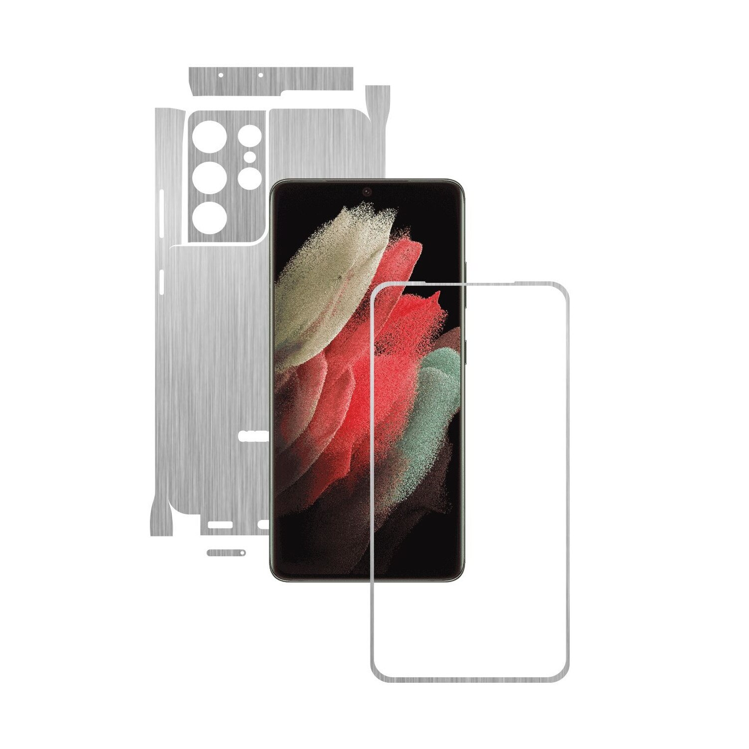 Folie Protectie Carbon Skinz pentru Samsung Galaxy S21 Ultra - Brushed Argintiu 360 Cut, Skin Adeziv Full Body Cover pentru Rama Ecran, Carcasa Spate si Laterale