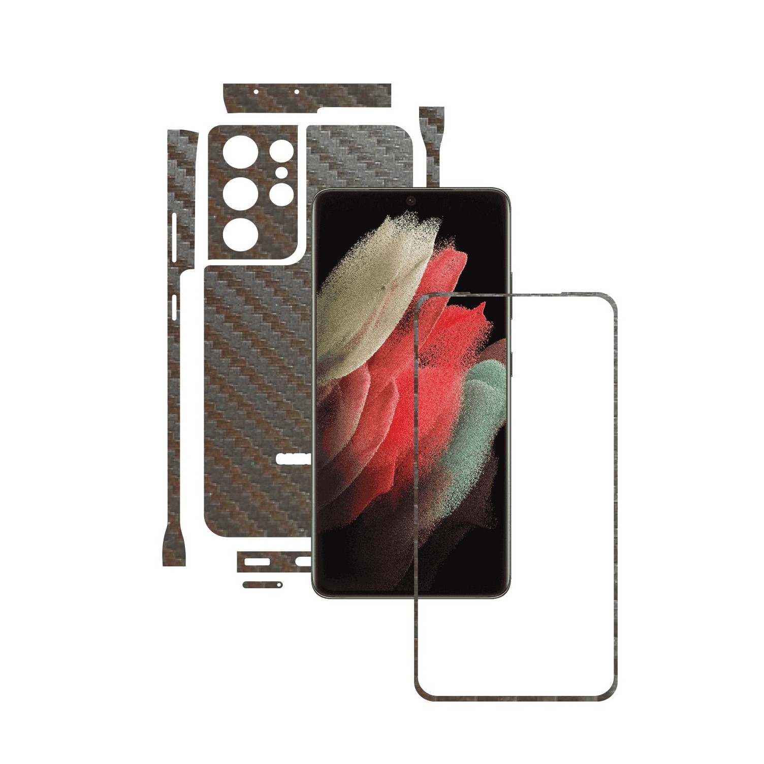 Folie Protectie Carbon Skinz pentru Samsung Galaxy S21 Ultra - Carbon Gri Argintiu Split Cut, Skin Adeziv Full Body Cover pentru Rama Ecran, Carcasa Spate si Laterale