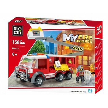 Set constructii, Camion pompieri cu lift, 158 piese, 7toys Set constructii, Camion pompieri cu lift, 158 piese, 7toys