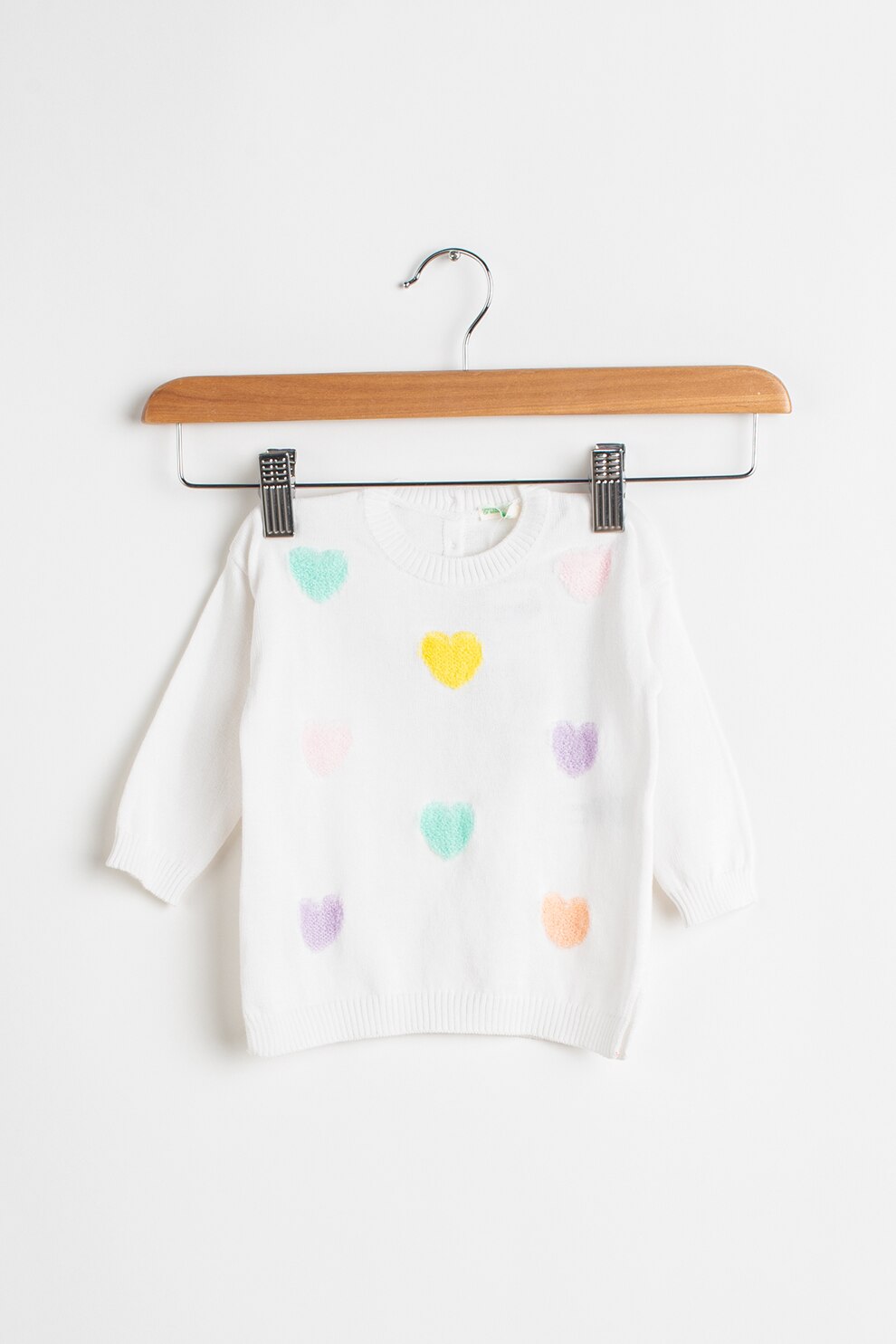 United Colors of Benetton, Pulover cu decolteu la baza gatului si slituri laterale, Alb/Roz/Galben