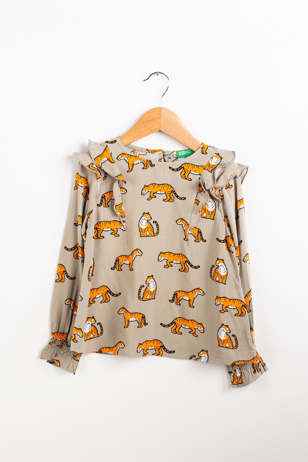 United Colors of Benetton, Bluza cu imprimeu si volane, Gri inchis/oranj/alb