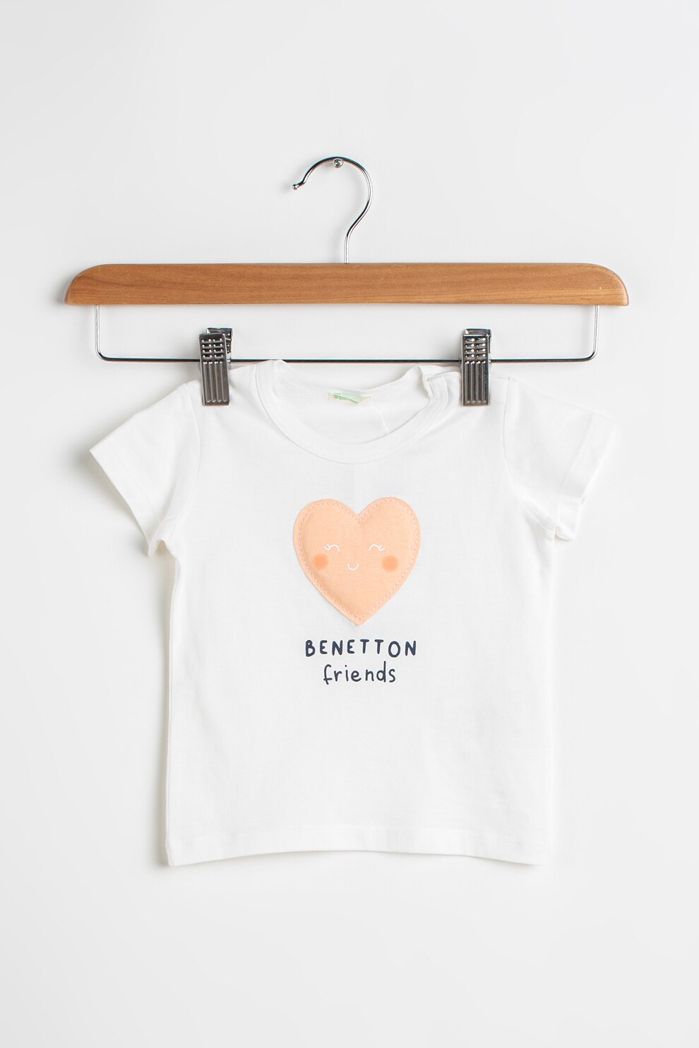 United Colors of Benetton, Tricou din bumbac cu aplicatie grafica, Alb prafuit/Roz piersica