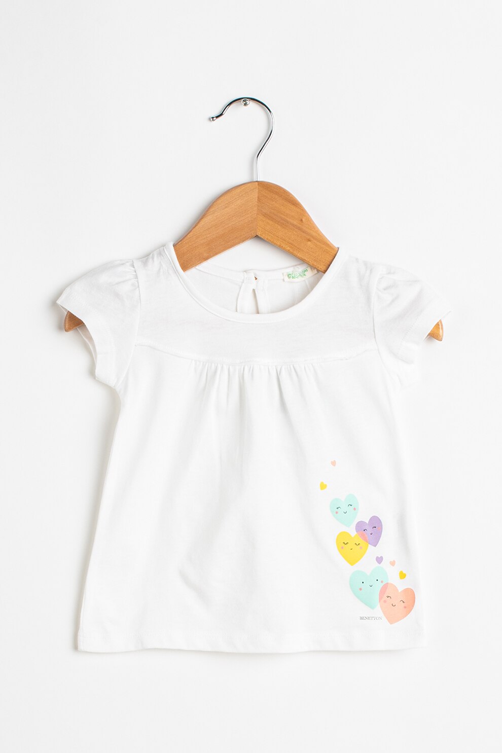 United Colors of Benetton, Tricou cu decolteu la baza gatului si imprimeu cu inimi, Alb