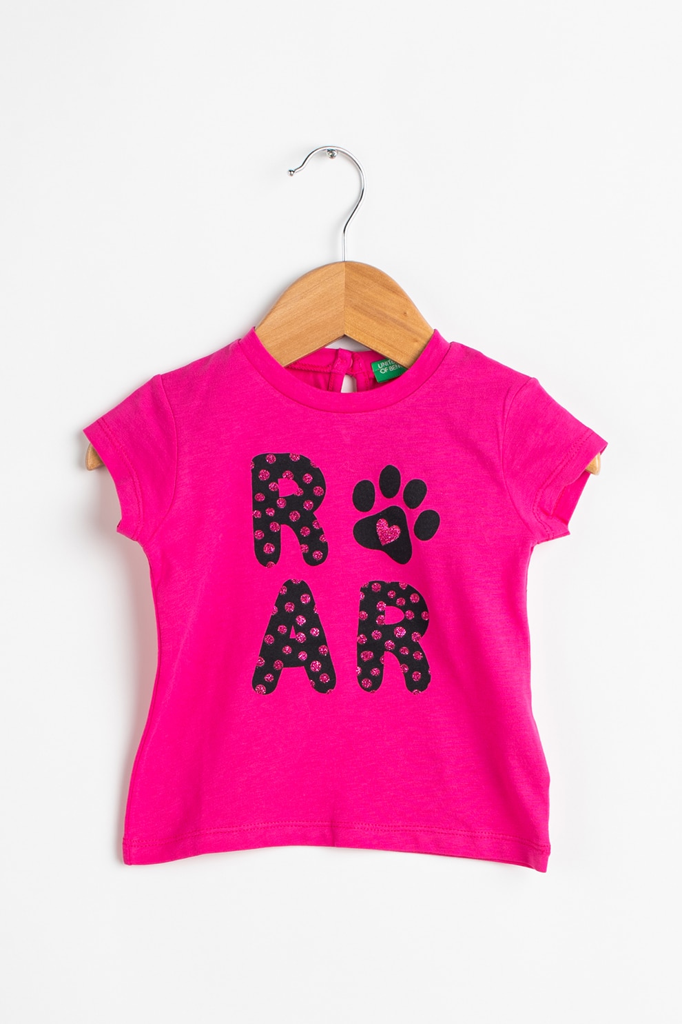 United Colors of Benetton, Tricou cu decolteu la baza gatului si imprimeu text, Roz/Negru