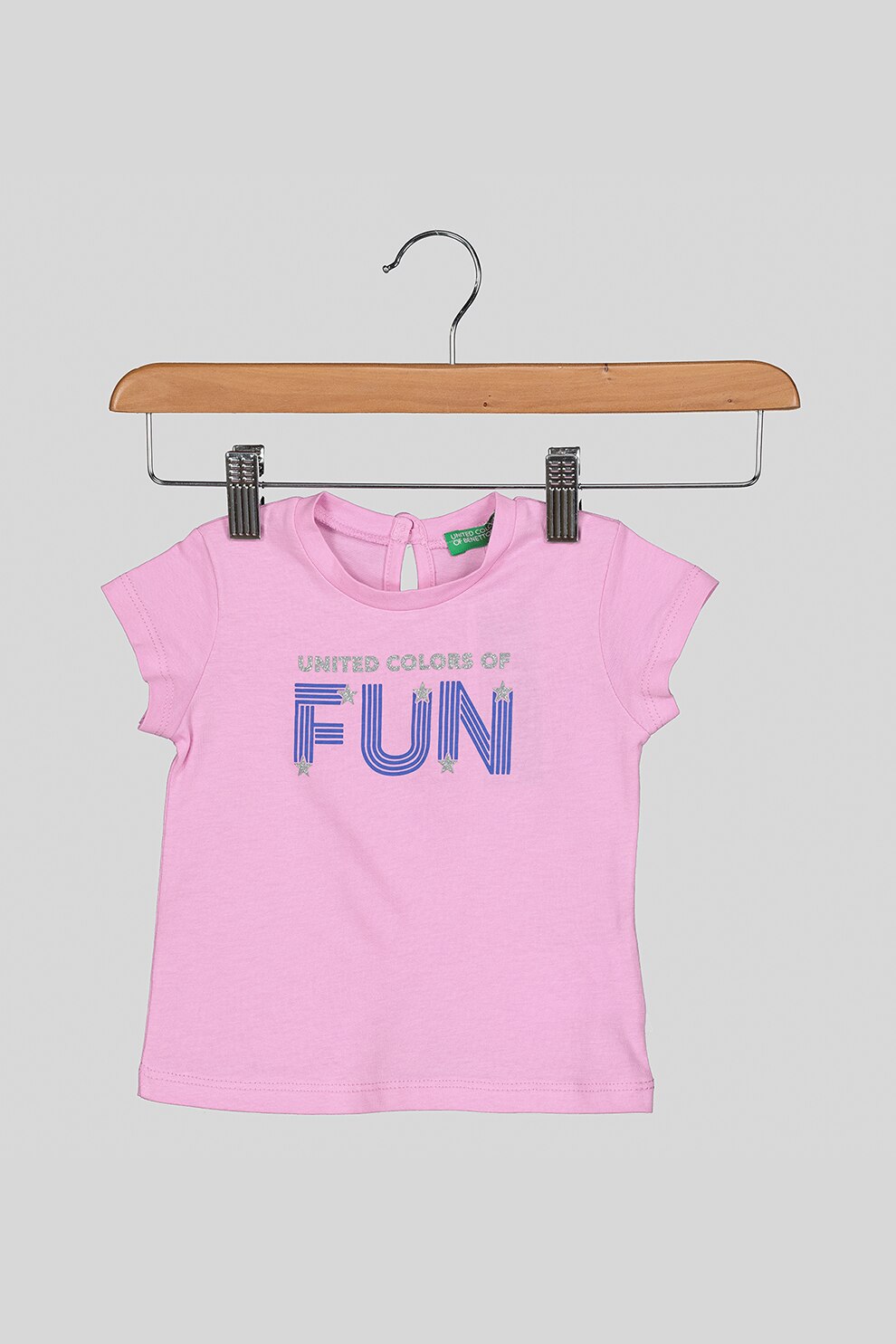 United Colors of Benetton, Tricou cu decolteu la baza gatului si imprimeu text, Roz/Albastru