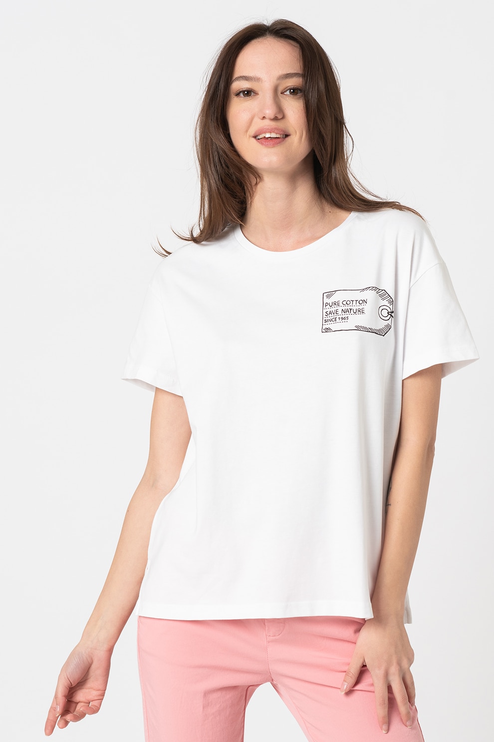 United Colors of Benetton, Tricou cu decolteu la baza gatului si detaliu grafic pe piept, Alb/Negru, L