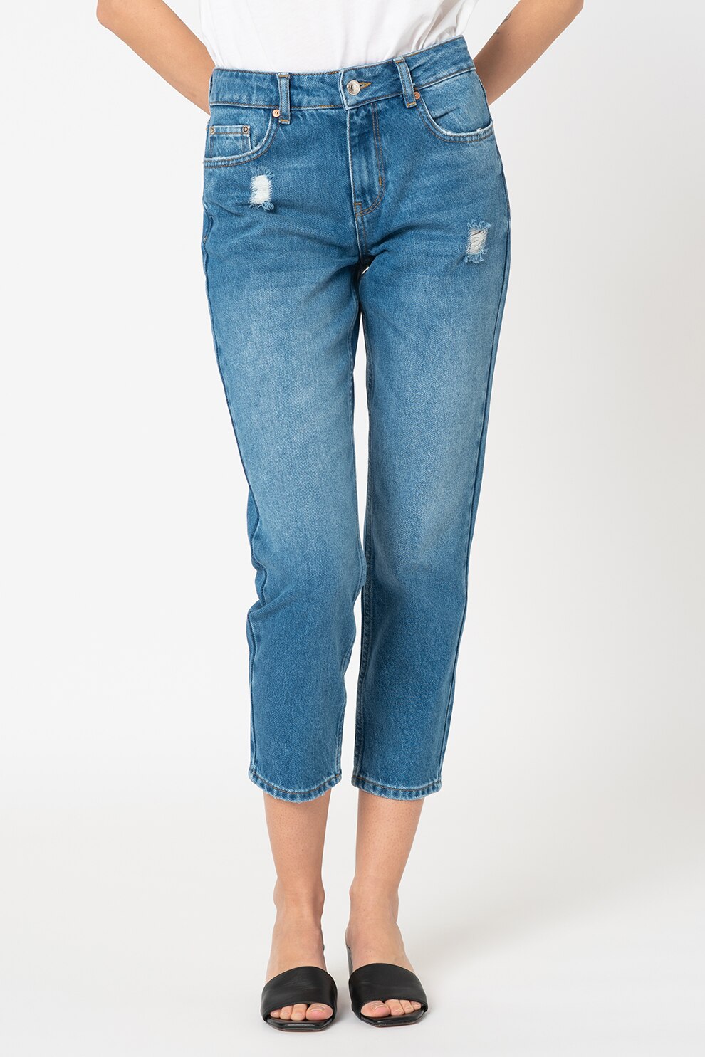 United Colors of Benetton, Blugi slim-fit crop cu croiala conica, Albastru deschis