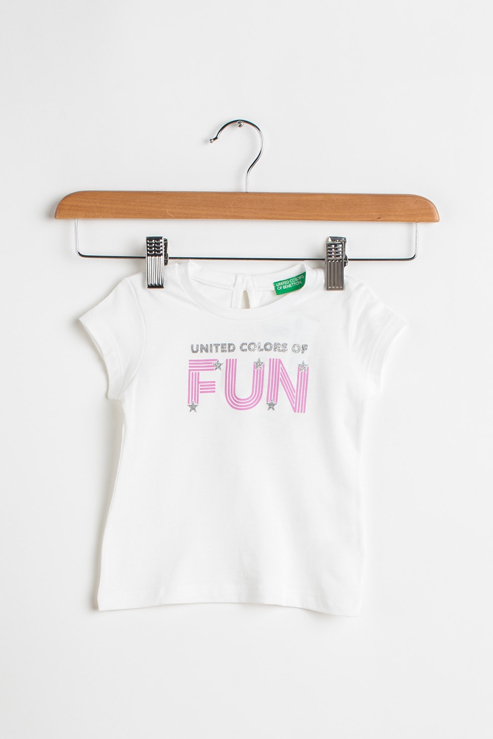 United Colors of Benetton, Tricou cu decolteu la baza gatului si imprimeu text, Alb/roz/argintiu inchis