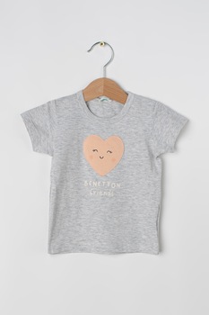 United Colors of Benetton, Tricou din bumbac cu aplicatie grafica, Gri deschis melange/Roz United Colors of Benetton, Tricou din bumbac cu aplicatie grafica, Gri deschis melange/Roz