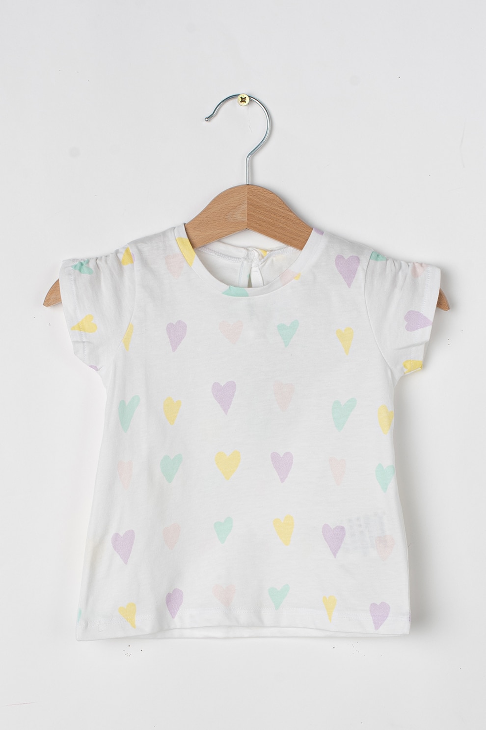United Colors of Benetton, Tricou cu decolteu la baza gatului si imprimeu, Alb/Galben/Lila