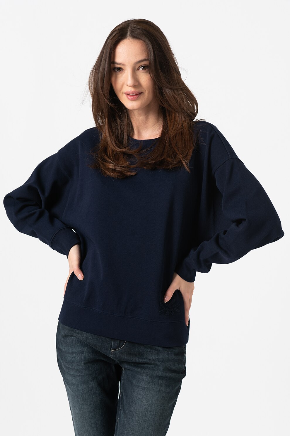 United Colors of Benetton, Bluza sport din pique cu maneci cazute, Bleumarin inchis, M