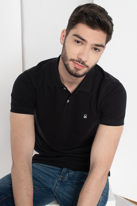 United Colors of Benetton, Tricou polo regular fit cu aspect pique, Negru, L