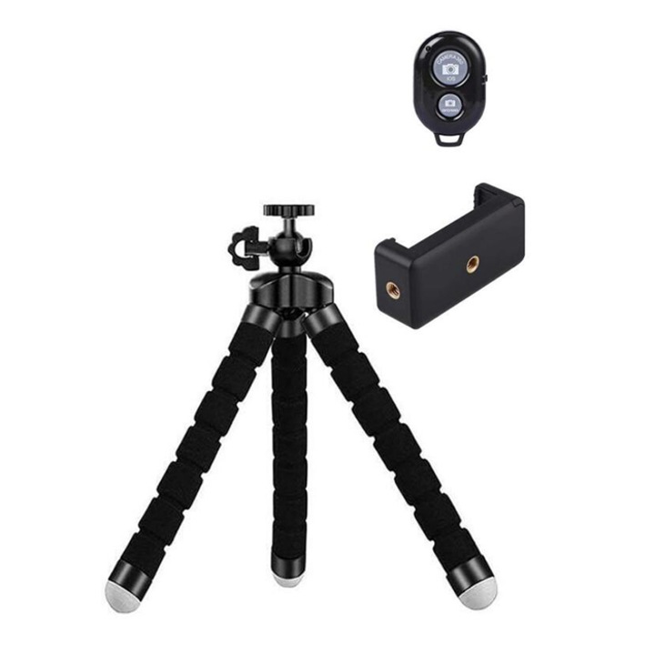 UBEPRO állítható állvány forgatható fejjel, fényképezőgéphez/telefonhoz, univerzális, iPhone/Android kompatibilis, fekete