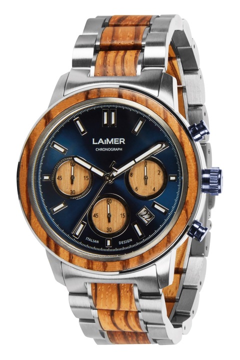 Ceas barbatesc de mana, Laimer, Marvin, Lemn Zebrano si otel inoxidabil, 43mm, Argintiu/Maro