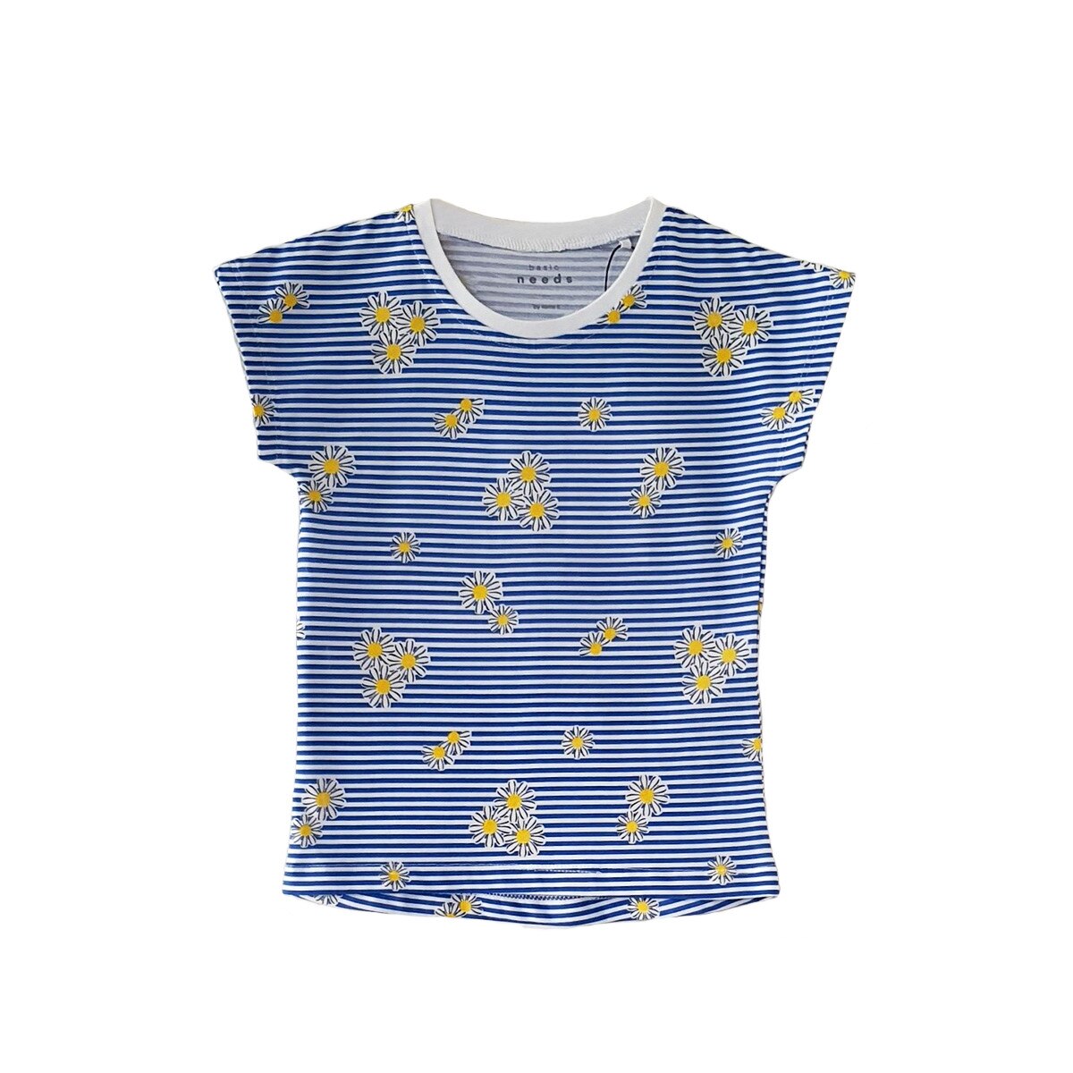 Tricou Name It, cu dungi si flori, alb si albastru, 4 ani