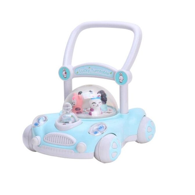 Antemergator 2 in 1, Tip Masinuta cu jucarii, Lumini si Sunete, Perne frontale anti-coliziune 43.4x40.6x43 cm, Alb/Albastru