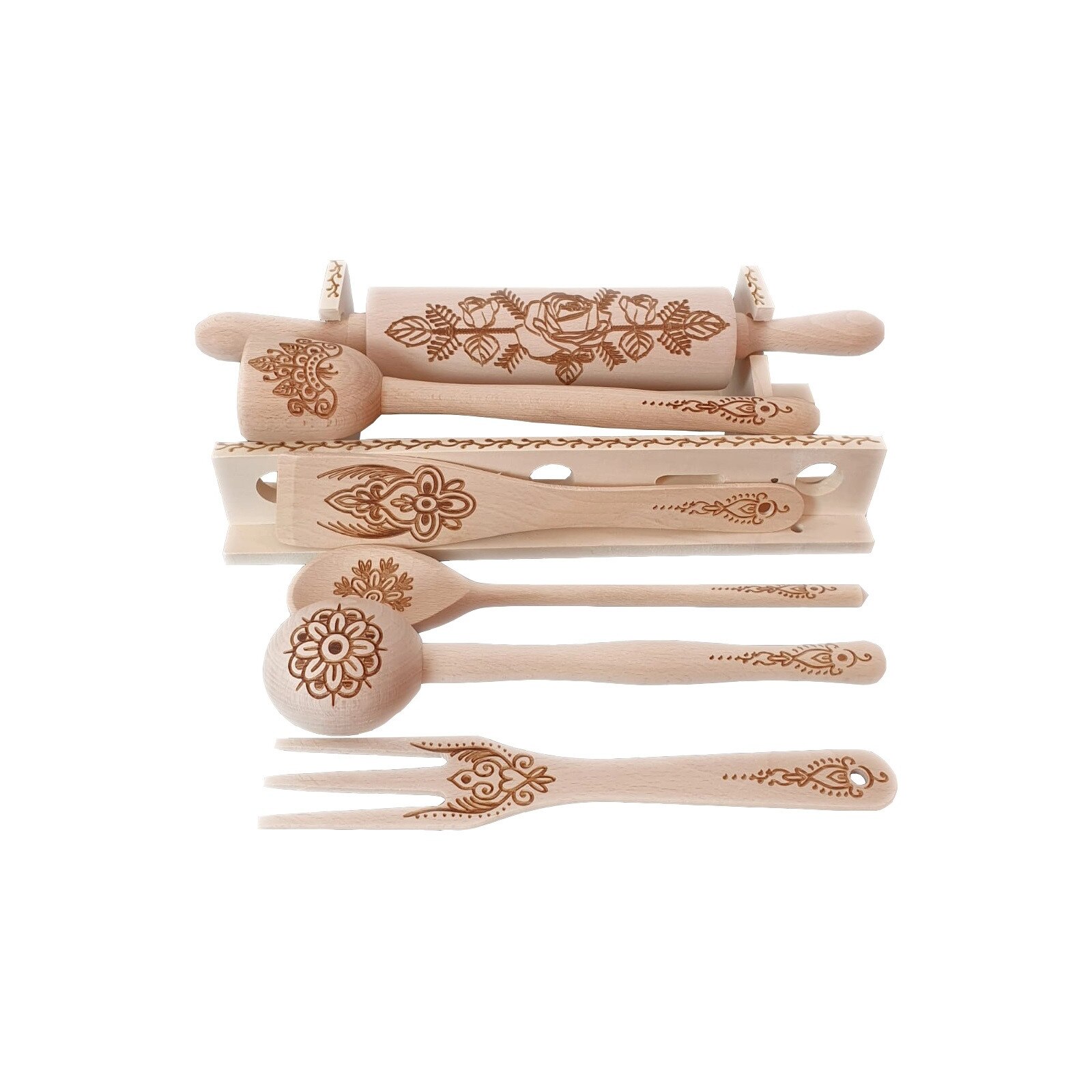 Set 6 Ustensile Traditionale cu Suport din Lemn