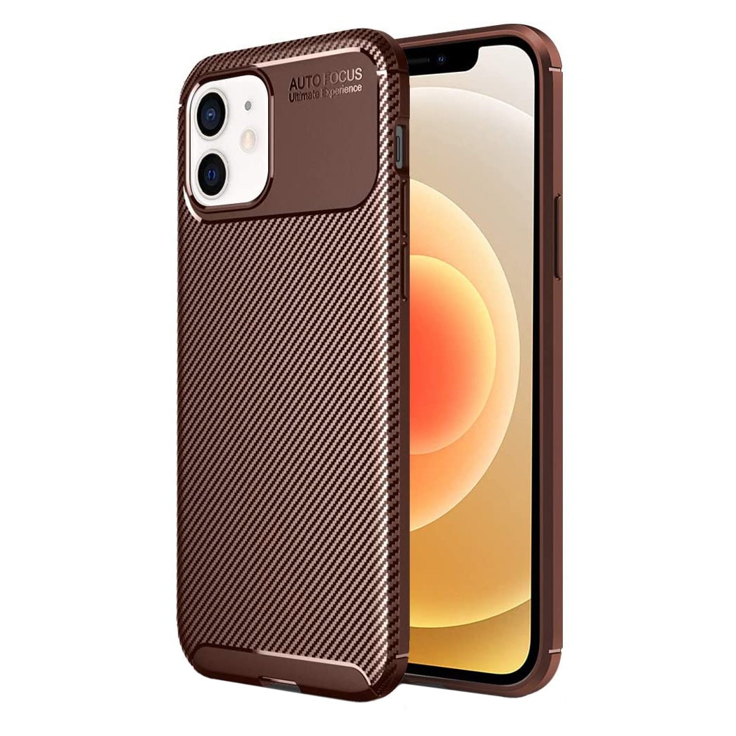 Husa pentru IPhone 12 MINI, fibra de carbon, Slim Antisoc, carcasa spate, Focus, Maro