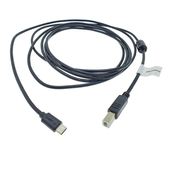Lanberg C típusú USB-kábel, USB 2.0, 3 m, USB B-USB-C, ferritmaggal, fekete