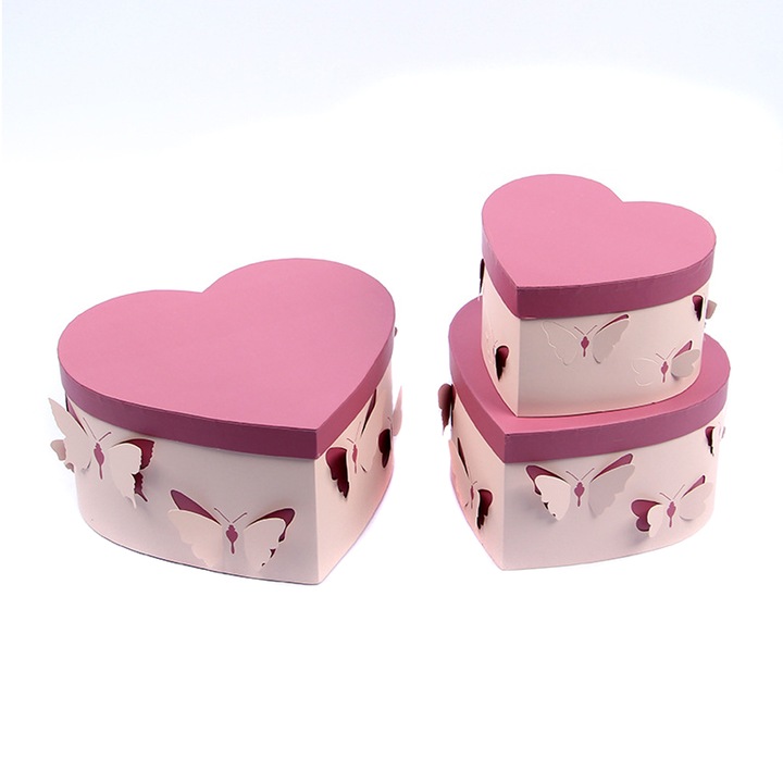 Createur Szív alakú doboz készlet, 3 db, Dombornyomott pillangókkal, Rózsaszín, 28,5 × 26 × 15 cm
