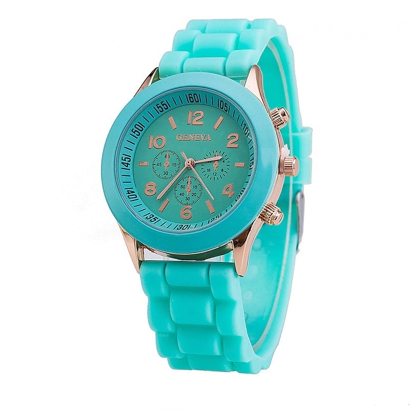 Ceas de dama Geneva, curea silicon, verde cu auriu