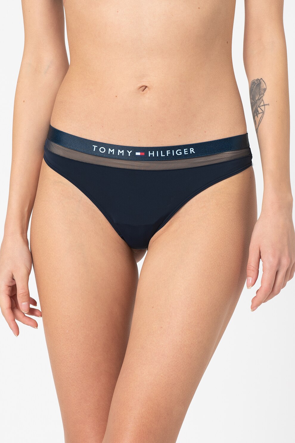 Tommy Hilfiger, Chiloti tanga cu insertii de plasa, Bleumarin