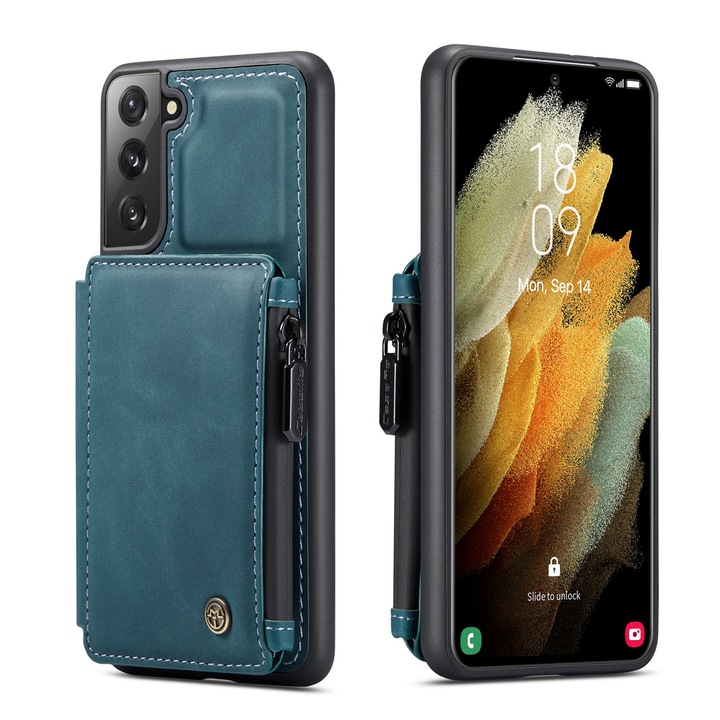 Калъф за Samsung Galaxy S21 Plus, кожа с кадифена текстура, back cover, отделение за карти, джоб с цип, RFID защита, Зеленикаво синьо