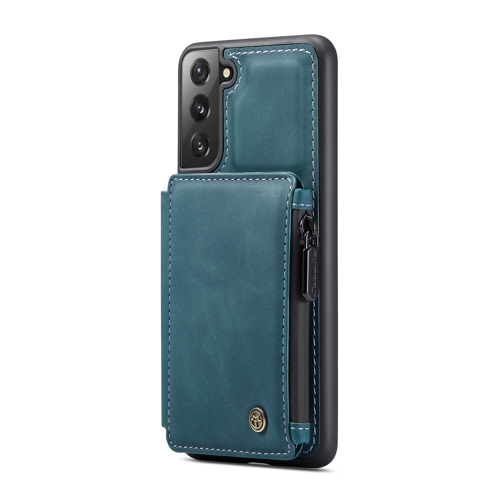 Husa pentru Samsung Galaxy S21 Plus, CaseMe, piele cu textura catifelata, back cover, slot carduri, buzunar cu fermoar, protectie RFID, Albastru verzui